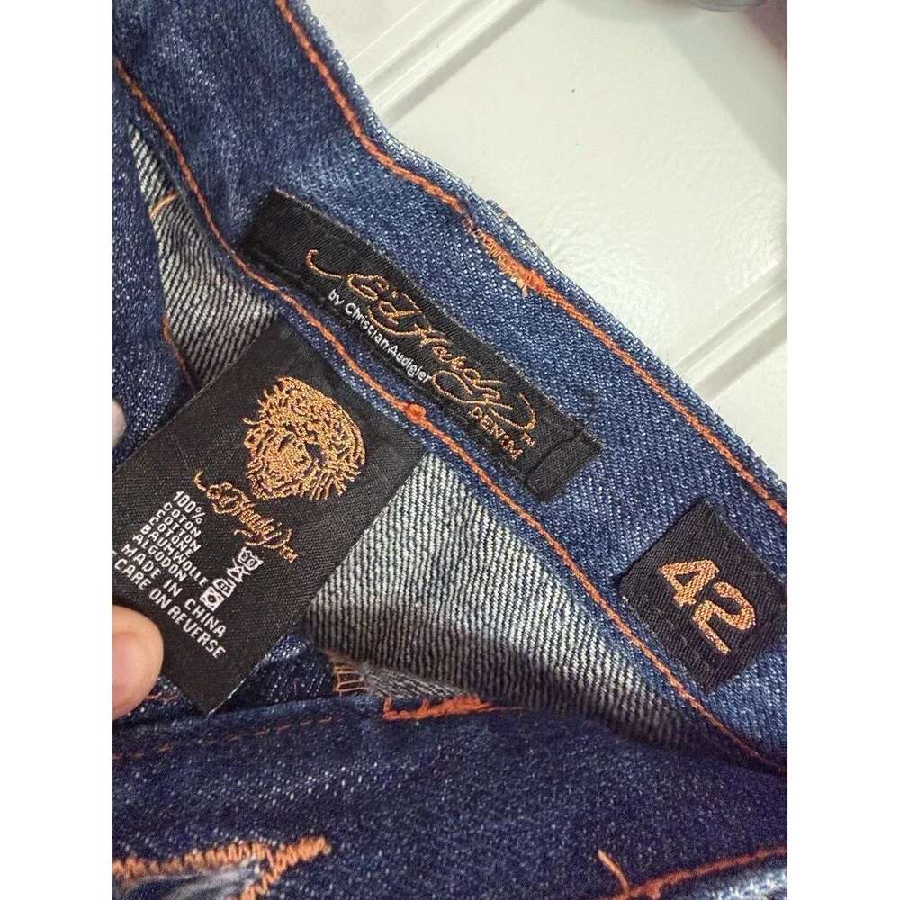 Ed Hardy Men’s Blue Dark Wash Straight Denim Jeans Embroidered Skull Distressed